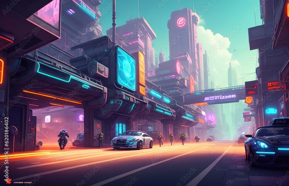 Background Covered With Future Street City, 2D Front view, Game Backdrop And Background