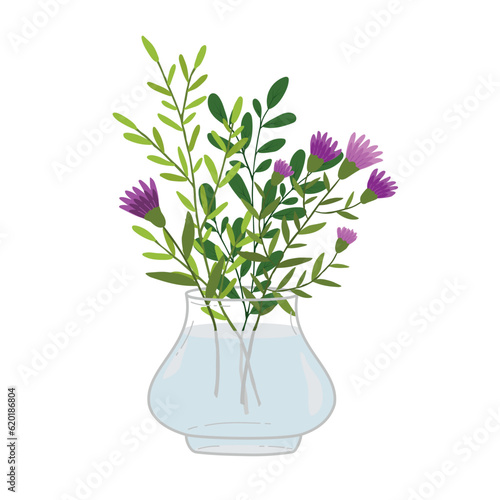 Hand drawn bouquet of flowers in a glass vase on a white background.