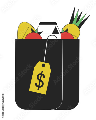 Paper bag with goods flat line color isolated vector object. Expensive shopping in grocery. Editable clip art image on white background. Simple outline cartoon spot illustration for web design