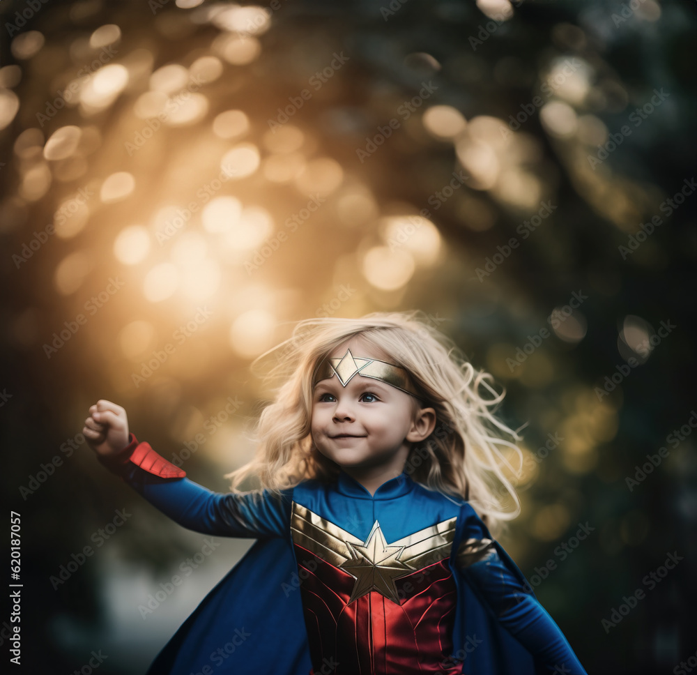 Naklejka premium Cute little girl in superhero costume preparing to fly, Generative AI Illustration