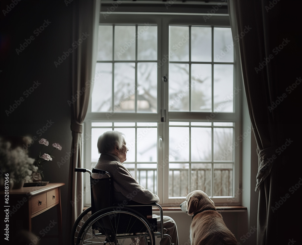 Senior man in wheelchair standing by the window with his dog, Generative AI Illustration Senior man in wheelchair standing by the window with his dog, Generative AI Illustration
