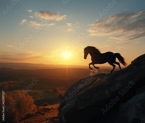 freedom concept, Silhouette of horse rearing up on cliff edge at sunset, Generative AI Illustration