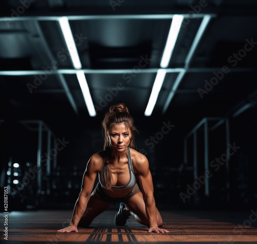 Young attractive woman in fitness clothes doing push ups in gym Generative AI Illustration