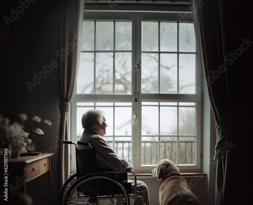 Senior man in wheelchair standing by the window with his dog, Generative AI Illustration © IBEX.Media