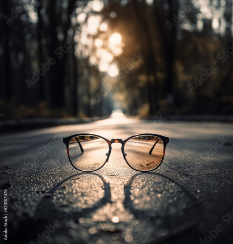 Pair of eyeglasses lying down on road, Generative AI Illustration