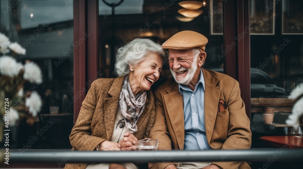 Concept: life and rest of pensioners. Happy elderly couple are sitting at a cafe table in the city and chatting. created by AI