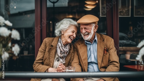 Concept: life and rest of pensioners. Happy elderly couple are sitting at a cafe table in the city and chatting. created by AI