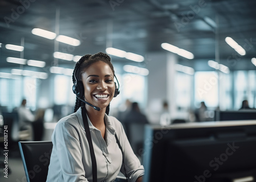 Fototapet Customer service representative with curly hair talking through headset, Generat