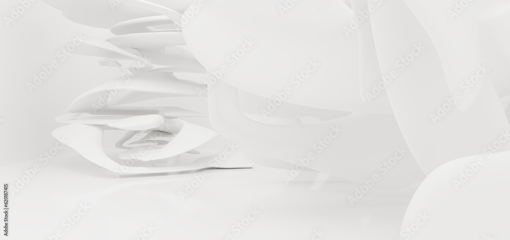 Luxury white abstract architectural minimalistic background. Contemporary showroom. Modern exhibition stand. Empty gallery. Backlight. Polygonal Graphic Design. 3D illustration and rendering.