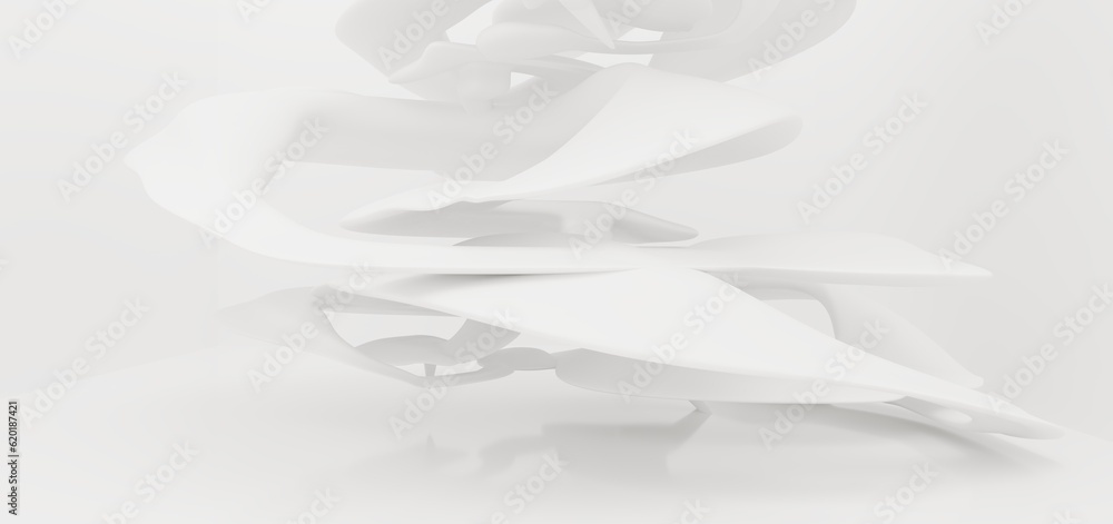 Luxury white abstract architectural minimalistic background. Contemporary showroom. Modern exhibition stand. Empty gallery. Backlight. Polygonal Graphic Design. 3D illustration and rendering.