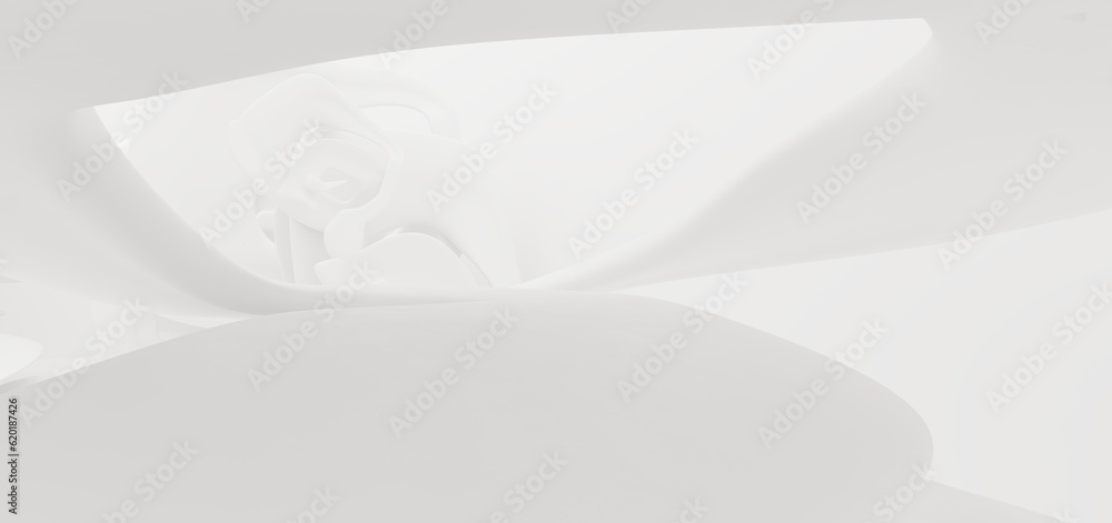 Luxury white abstract architectural minimalistic background. Contemporary showroom. Modern exhibition stand. Empty gallery. Backlight. Polygonal Graphic Design. 3D illustration and rendering.