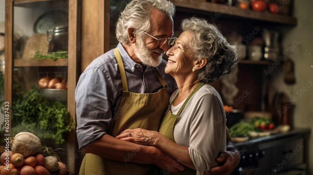 Happy cheerful middle aged elderly couple, parents together in kitchen, preparing food for romantic dinner, spending time together. Active seniors. AI generated Happy cheerful middle aged elderly couple, parents together in kitchen, preparing food for romantic dinner, spending time together. Active seniors. AI generated