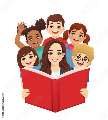 Smiling teacher woman with cute children kids reading big book together isolated vector illustration
