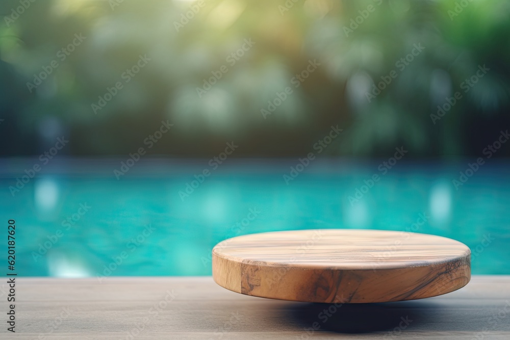 Abstract pool ambiance. Blurred pool background with wooden table for product showcase Abstract pool ambiance. Blurred pool background with wooden table for product showcase