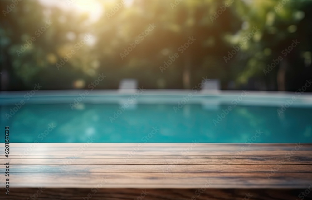Abstract pool ambiance. Blurred pool background with wooden table for product showcase Abstract pool ambiance. Blurred pool background with wooden table for product showcase