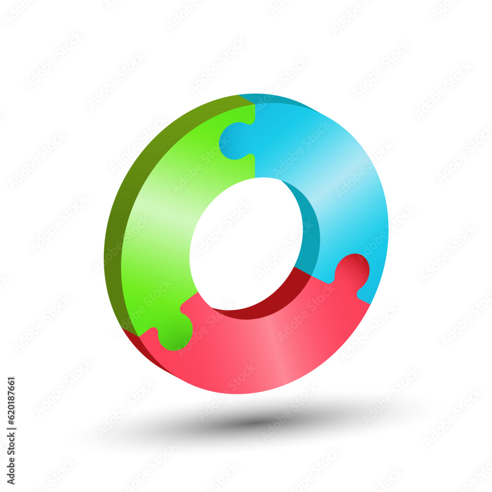 The circle consists of 3 puzzle pieces. 3d illustration for creative ideas and creative design. Volumetric style The circle consists of 3 puzzle pieces. 3d illustration for creative ideas and creative design. Volumetric style