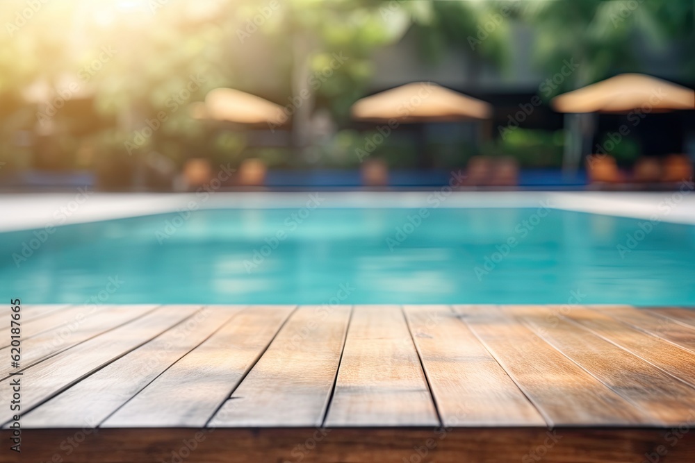 Abstract pool ambiance. Blurred pool background with wooden table for product showcase Abstract pool ambiance. Blurred pool background with wooden table for product showcase