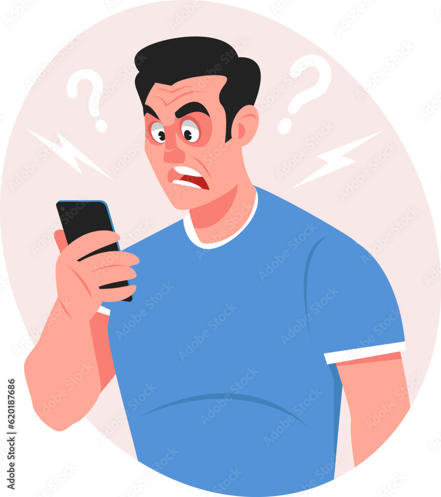 Surprised man looks at his smartphone. Guy received strange message on his phone. Stock vector illustration