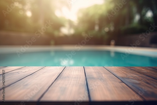 Abstract pool ambiance. Blurred pool background with wooden table for product showcase