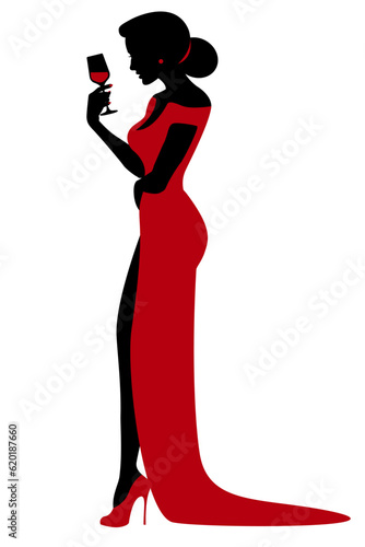 Silhouette of woman in red dress with glass of red wine in her hand, an elegant lady drinking alcohol. Stock vector illustration. 