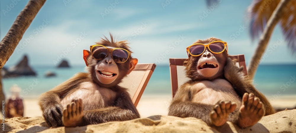 Funny animal monkey summer holiday vacation photography banner background - Closeup of monkeys with sunglasses , chilling relaxing at the tropical ocean beach, in a lounge chair (Generative Ai) - obrazy, fototapety, plakaty 