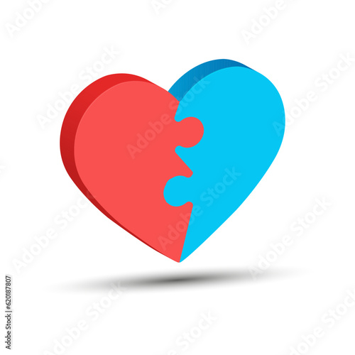 3d puzzle of the heart. The heart consists of two puzzle elements of red and blue color. Volumetric design for websites, applications and creative design
