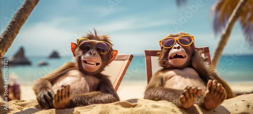 Obraz Funny animal monkey summer holiday vacation photography banner background - Closeup of monkeys with sunglasses , chilling relaxing at the tropical ocean beach, in a lounge chair (Generative Ai)