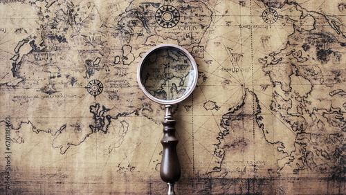 Fotografija Magnifying glass and an ancient old map,Old map with an magnifying glass,Top vie