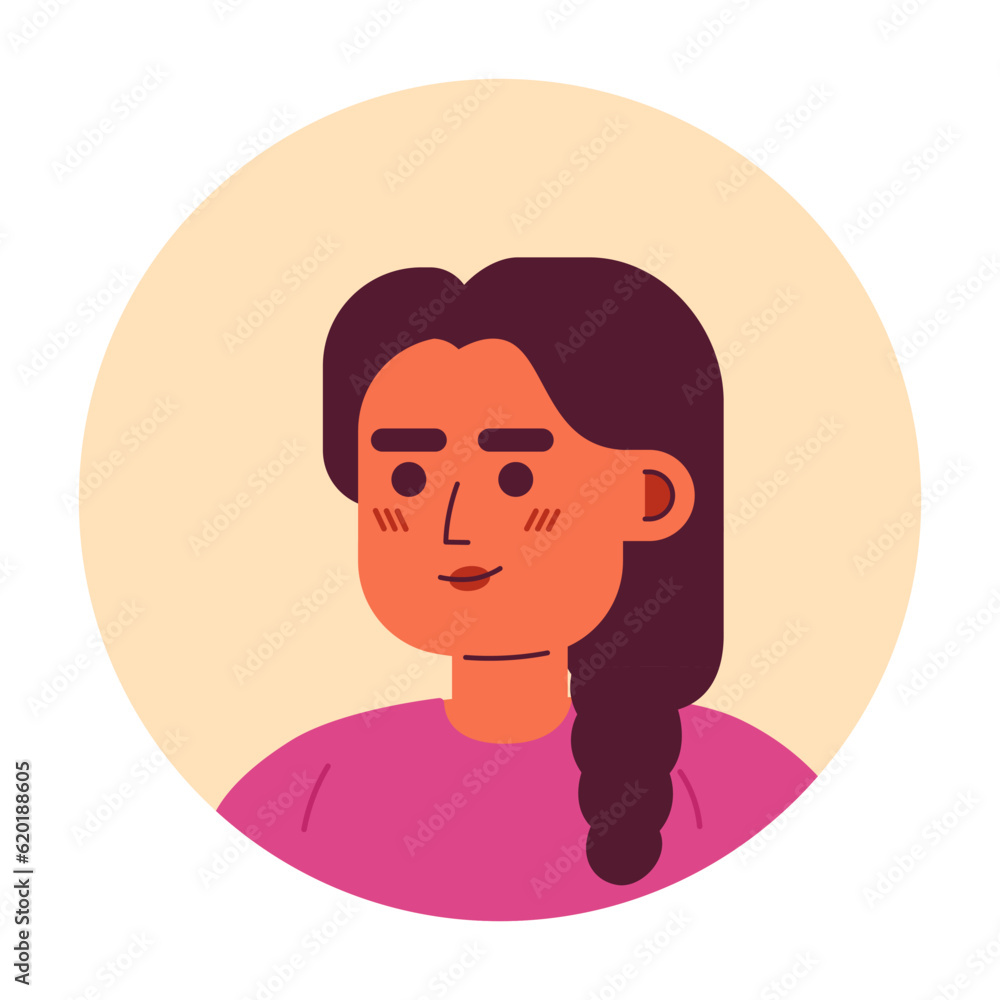 Young indian woman semi flat vector character head. Editable cartoon avatar icon. Brunette with braid hairstyle. Face emotion. Colorful spot illustration for web graphic design, animation Young indian woman semi flat vector character head. Editable cartoon avatar icon. Brunette with braid hairstyle. Face emotion. Colorful spot illustration for web graphic design, animation
