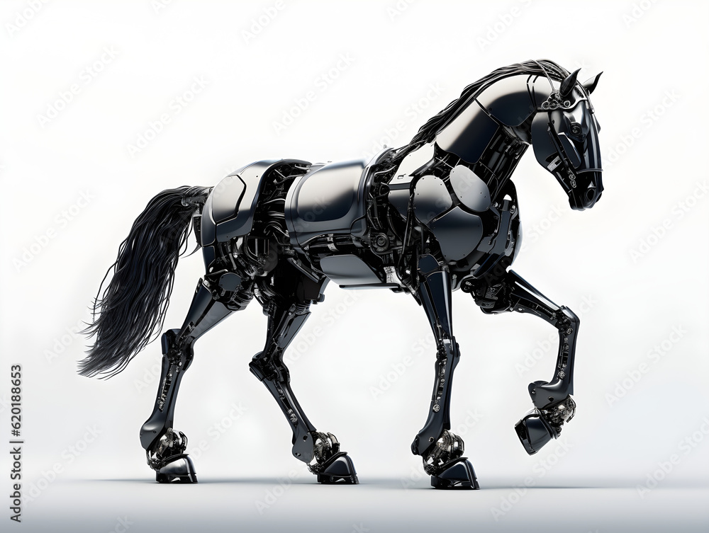 A horse with a robotic body on white background, cartoon movie concept. Generative AI. Illustration. A horse with a robotic body on white background, cartoon movie concept. Generative AI. Illustration.