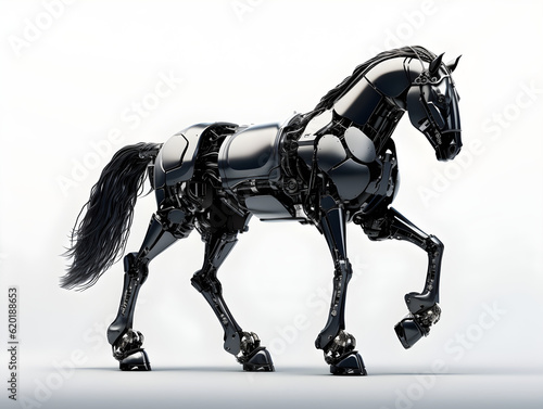 A horse with a robotic body on white background, cartoon movie concept. Generative AI. Illustration.