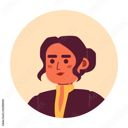 Pretty indian woman semi flat vector character head. Lady with curly bangs and bun hairstyle. Editable cartoon avatar icon. Face emotion. Colorful spot illustration for web graphic design, animation