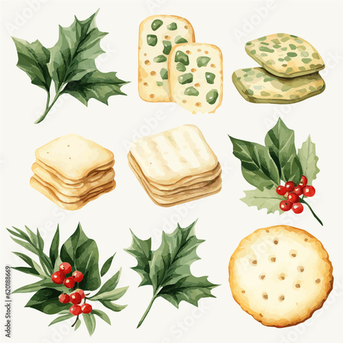 Watercolor Mistletoe-shaped cheese and crackers platter vectors