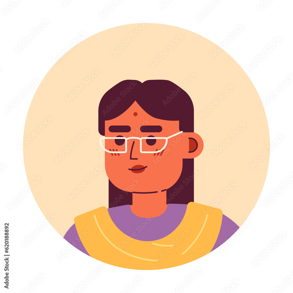 Adult indian woman in glasses semi flat vector character head. Indian accessories and sari. Editable cartoon avatar icon. Face emotion. Colorful spot illustration for web graphic design, animation Adult indian woman in glasses semi flat vector character head. Indian accessories and sari. Editable cartoon avatar icon. Face emotion. Colorful spot illustration for web graphic design, animation