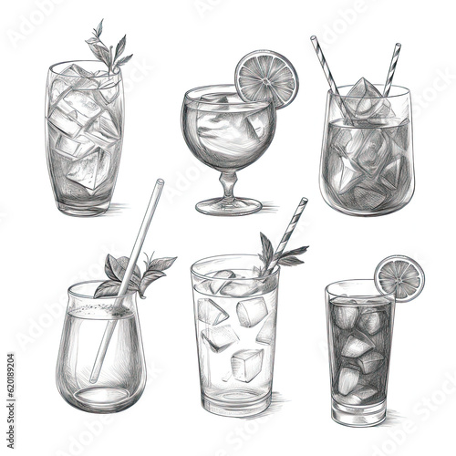 Icon set of cocktails on black and white color on white background