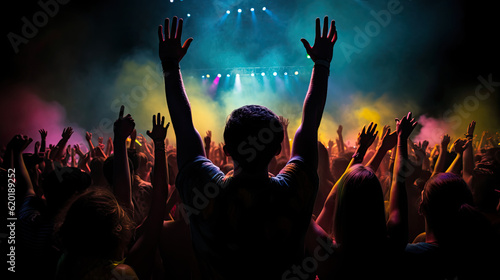 Music festival at night with people with their backs turned and with their arms raised. Colorful scene.