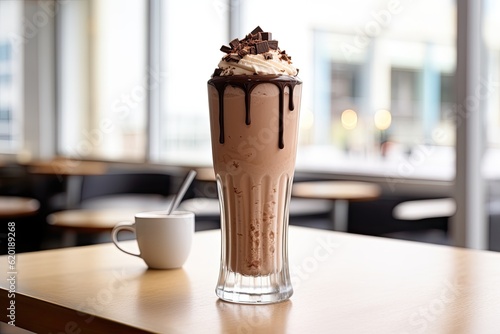 A tall glass filled with a chocolate milkshake on the table at cafe.Generative AI