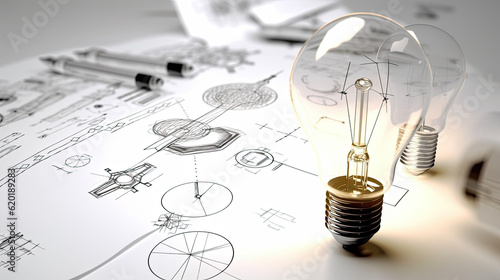 light bulb and engineering schematics on a table photo