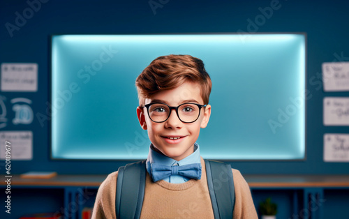 Little boy in glasses and backpacker poses in class in front of overhead projector, has studious look photo