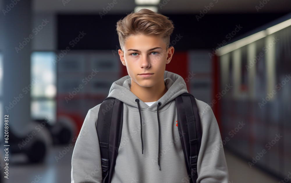 Teenager with backpack is in the corridor of the school Teenager with backpack is in the corridor of the school