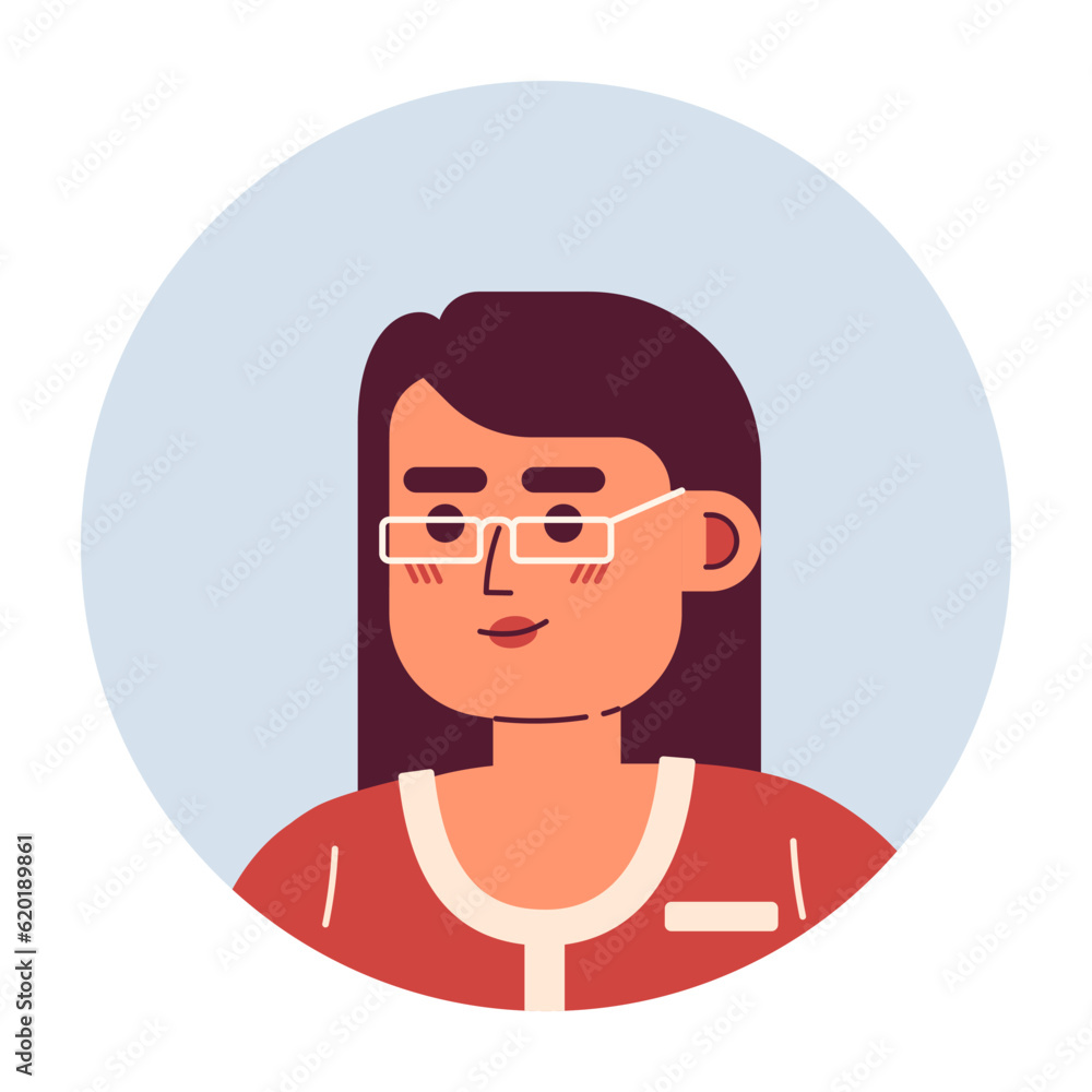 Pretty asian lady with glasses semi flat vector character head. Long straight haircut. Editable cartoon avatar icon. Face emotion. Colorful spot illustration for web graphic design, animation