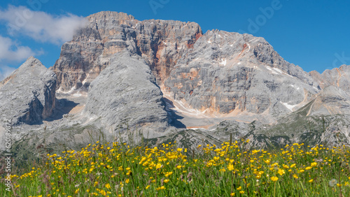 Beautiful mountain landscape at the Plätzwiese / Prato Piazza in the Dolomites (Italian Alps), with the Hohe Gaisl mountain in the background