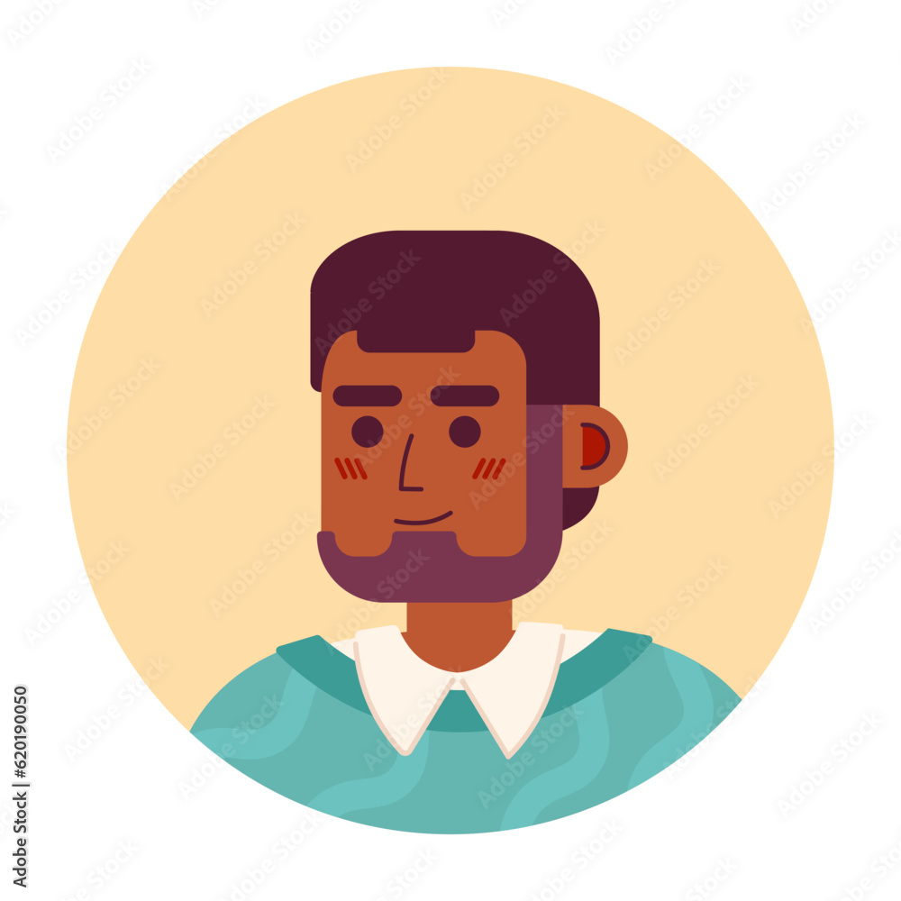 Adult brunette man with beard semi flat vector character head. Confident african american man. Editable cartoon avatar icon. Face emotion. Colorful spot illustration for web graphic design, animation