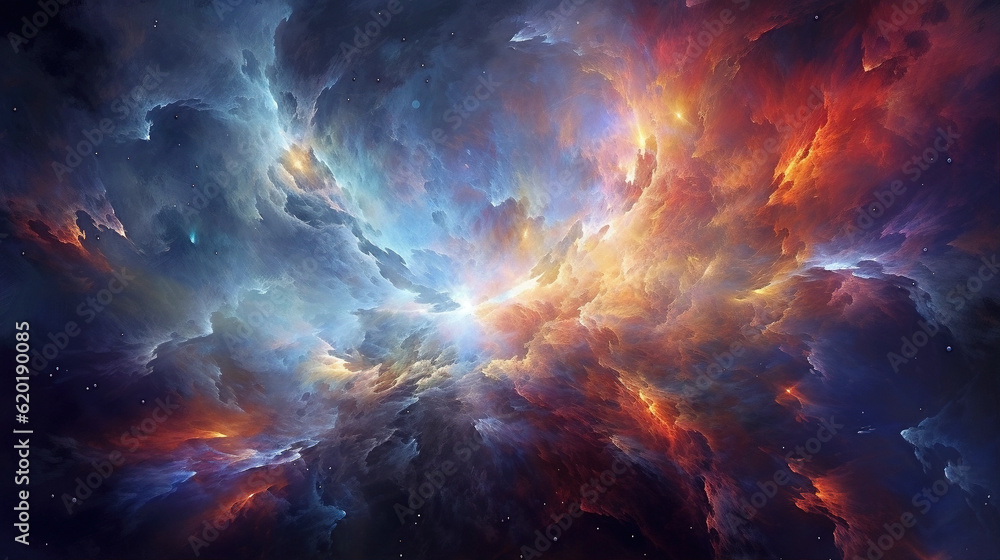Fototapeta premium The multicolored nebula universe looks like a watercolor painting. See the stars and bursts of bright light like a work of art.