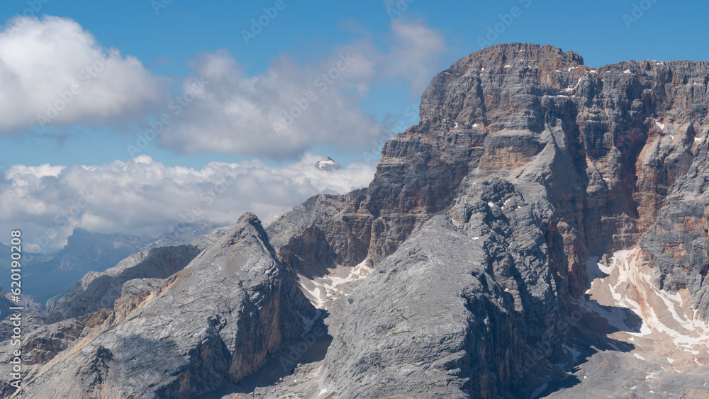 Panoramic view at the Plätzwiese / Prato Piazza in the Dolomites (Italian Alps), with the Hohe Gaisl and the Tofana mountains in the background