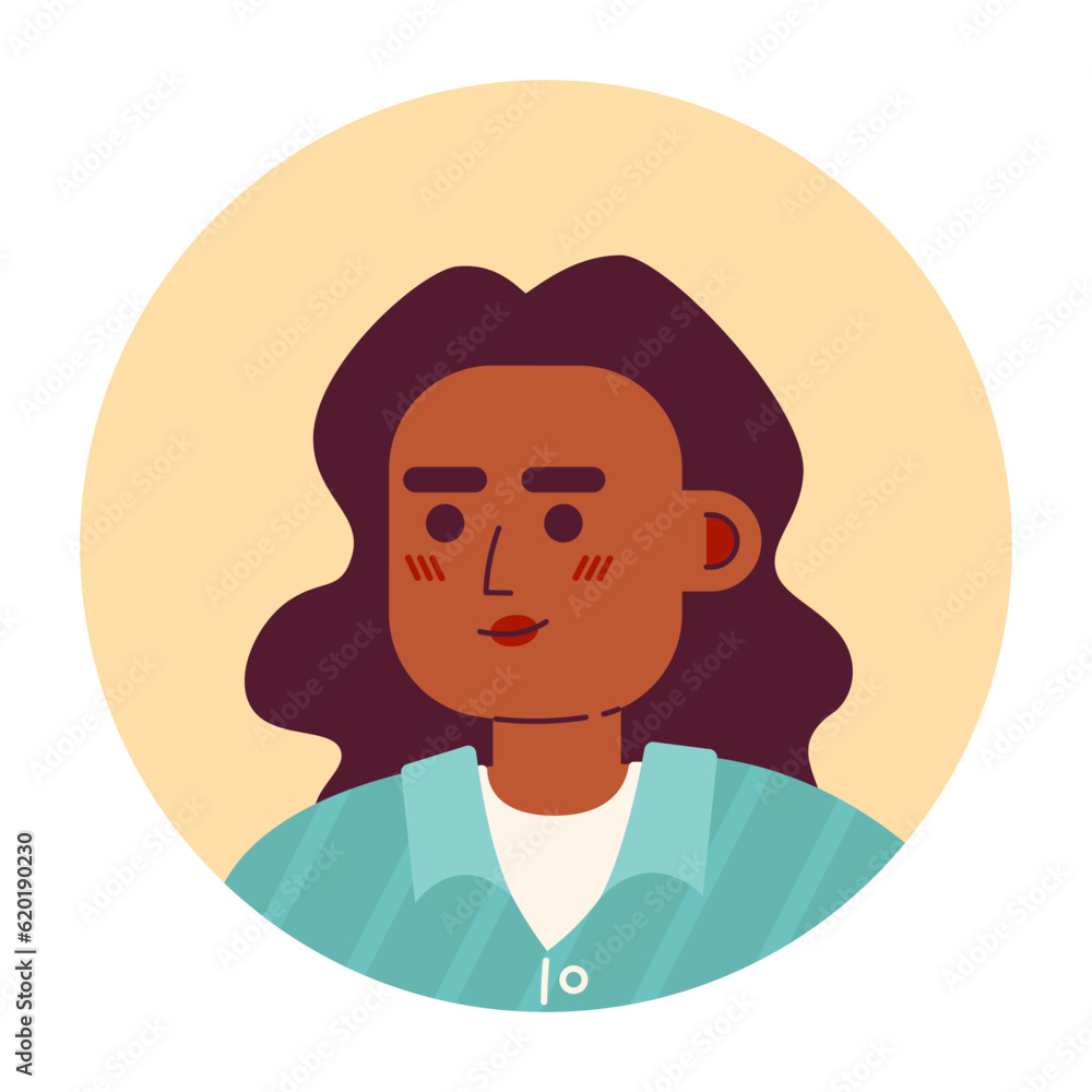 Long haired brunette woman semi flat vector character head. African lady with curly hair. Editable cartoon avatar icon. Face emotion. Colorful spot illustration for web graphic design, animation Long haired brunette woman semi flat vector character head. African lady with curly hair. Editable cartoon avatar icon. Face emotion. Colorful spot illustration for web graphic design, animation