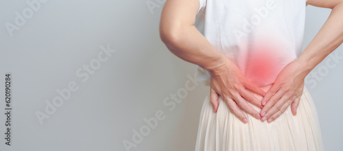 Woman having back pain. Urinary system and Stones, Kidney Cancer, world kidney day, Chronic kidney stomach, liver pain and pancreas concept photo