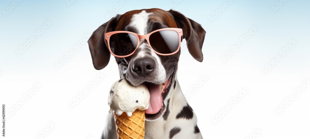 Funny animal pet summer holiday vacation photography banner - Closeup of dog with sunglasses, eating ice cream in cone, isolated on white blue bright background (Generative Ai)