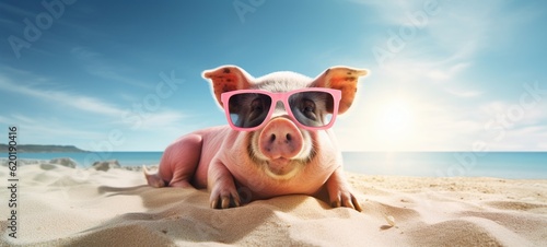 Funny animal pet summer holiday vacation photography banner background - Closeup of pig with sunglasses, chilling relaxing at the tropical ocean beach (Generative Ai)
