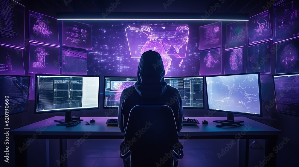 Anonymous hacker, immersed in a high-tech control room, surrounded by screens displaying lines of code. Cybersecurity, Cybercrime, Cyberattack, generative AI, AI